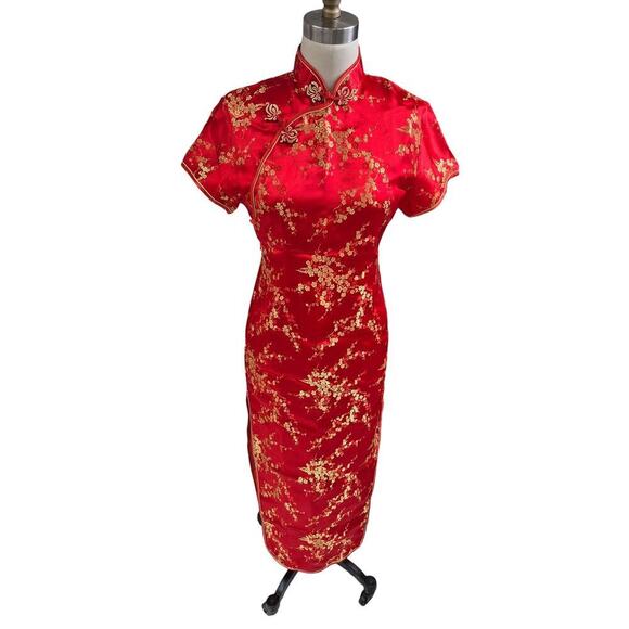 90s Vtg Cheongsam Dress Yue He Shi Lu Red/Gold Brocade Dress WIggle Gown Sz S - Picture 3 of 6